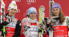 Winner Kathrin Hoelzl of Germany (M), second placed Kathrin Zettel of Austria (L) and third placed Tina Maze of Slovenia (R) celebrates overall Super-G World cup victory after last Women Super-G race of Audi FIS alpine skiing World Cup, which was held on Kandahar course in Garmisch-Partenkirchen, Germany. Last Super-G race of Women Audi FIS Alpine skiing World Cup 2009-10, was held on Thursday, 11th of March 2010 in Garmisch-Partenkirchen, Germany.
