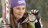 Second placed Kathrin Zettel of Austria celebrates overall Super-G World cup medal after last Women Super-G race of Audi FIS alpine skiing World Cup, which was held on Kandahar course in Garmisch-Partenkirchen, Germany. Last Super-G race of Women Audi FIS Alpine skiing World Cup 2009-10, was held on Thursday, 11th of March 2010 in Garmisch-Partenkirchen, Germany.
