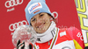 Winner Kathrin Hoelzl of Germany celebrates overall Super-G World cup victory after last Women Super-G race of Audi FIS alpine skiing World Cup, which was held on Kandahar course in Garmisch-Partenkirchen, Germany. Last Super-G race of Women Audi FIS Alpine skiing World Cup 2009-10, was held on Thursday, 11th of March 2010 in Garmisch-Partenkirchen, Germany.
