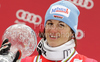 Winner Kathrin Hoelzl of Germany celebrates overall Super-G World cup victory after last Women Super-G race of Audi FIS alpine skiing World Cup, which was held on Kandahar course in Garmisch-Partenkirchen, Germany. Last Super-G race of Women Audi FIS Alpine skiing World Cup 2009-10, was held on Thursday, 11th of March 2010 in Garmisch-Partenkirchen, Germany.
