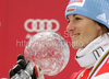 Winner Kathrin Hoelzl of Germany celebrates overall Super-G World cup victory after last Women Super-G race of Audi FIS alpine skiing World Cup, which was held on Kandahar course in Garmisch-Partenkirchen, Germany. Last Super-G race of Women Audi FIS Alpine skiing World Cup 2009-10, was held on Thursday, 11th of March 2010 in Garmisch-Partenkirchen, Germany.
