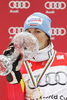 Winner Kathrin Hoelzl of Germany celebrates overall Super-G World cup victory after last Women Super-G race of Audi FIS alpine skiing World Cup, which was held on Kandahar course in Garmisch-Partenkirchen, Germany. Last Super-G race of Women Audi FIS Alpine skiing World Cup 2009-10, was held on Thursday, 11th of March 2010 in Garmisch-Partenkirchen, Germany.
