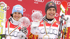 Overall super-g winner Erik Guay of Canada (R) and overall giant slalom winner Kathrin Hoelzl of Germany celebrates overall World cup victories after last Women Giant slalom and last men Super-G race of Audi FIS alpine skiing World Cup, which was held on Kandahar course in Garmisch-Partenkirchen, Germany. Last races of Women Audi FIS Alpine skiing World Cup 2009-10, were held on Thursday, 11th of March 2010 in Garmisch-Partenkirchen, Germany.
