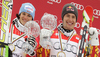 Overall super-g winner Erik Guay of Canada (R) and overall giant slalom winner Kathrin Hoelzl of Germany celebrates overall World cup victories after last Women Giant slalom and last men Super-G race of Audi FIS alpine skiing World Cup, which was held on Kandahar course in Garmisch-Partenkirchen, Germany. Last races of Women Audi FIS Alpine skiing World Cup 2009-10, were held on Thursday, 11th of March 2010 in Garmisch-Partenkirchen, Germany.
