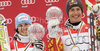 Overall super-g winner Erik Guay of Canada (R) and overall giant slalom winner Kathrin Hoelzl of Germany celebrates overall World cup victories after last Women Giant slalom and last men Super-G race of Audi FIS alpine skiing World Cup, which was held on Kandahar course in Garmisch-Partenkirchen, Germany. Last races of Women Audi FIS Alpine skiing World Cup 2009-10, were held on Thursday, 11th of March 2010 in Garmisch-Partenkirchen, Germany.
