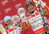 Overall super-g winner Erik Guay of Canada (R) and overall giant slalom winner Kathrin Hoelzl of Germany celebrates overall World cup victories after last Women Giant slalom and last men Super-G race of Audi FIS alpine skiing World Cup, which was held on Kandahar course in Garmisch-Partenkirchen, Germany. Last races of Women Audi FIS Alpine skiing World Cup 2009-10, were held on Thursday, 11th of March 2010 in Garmisch-Partenkirchen, Germany.
