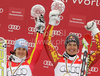 Overall super-g winner Erik Guay of Canada (R) and overall giant slalom winner Kathrin Hoelzl of Germany celebrates overall World cup victories after last Women Giant slalom and last men Super-G race of Audi FIS alpine skiing World Cup, which was held on Kandahar course in Garmisch-Partenkirchen, Germany. Last races of Women Audi FIS Alpine skiing World Cup 2009-10, were held on Thursday, 11th of March 2010 in Garmisch-Partenkirchen, Germany.
