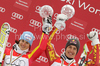 Overall super-g winner Erik Guay of Canada (R) and overall giant slalom winner Kathrin Hoelzl of Germany celebrates overall World cup victories after last Women Giant slalom and last men Super-G race of Audi FIS alpine skiing World Cup, which was held on Kandahar course in Garmisch-Partenkirchen, Germany. Last races of Women Audi FIS Alpine skiing World Cup 2009-10, were held on Thursday, 11th of March 2010 in Garmisch-Partenkirchen, Germany.

