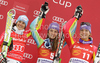 Winner Tina Maze of Slovenia (M), second placed Kathrin Hoelzl of Germany (L) and third placed Maria Riesch of Germany (R) celebrate their medals won in last Women Giant slalom race of Audi FIS alpine skiing World Cup, which was held on Kandahar course in Garmisch-Partenkirchen, Germany. Last Giant slalom race of Women Audi FIS Alpine skiing World Cup 2009-10, was held on Thursday, 11th of March 2010 in Garmisch-Partenkirchen, Germany.
