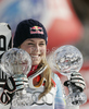 Lindsey Vonn of USA celebrating her overall Super-G World cup victory after last Women super-g race of Audi FIS alpine skiing World Cup, which was held on Kandahar course in Garmisch-Partenkirchen, Germany. Last Super-g race of Women Audi FIS Alpine skiing World Cup 2009-10, was held on Friday, 12th of March 2010 in Garmisch-Partenkirchen, Germany.
