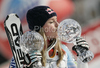 Lindsey Vonn of USA celebrating her overall Super-G World cup victory after last Women super-g race of Audi FIS alpine skiing World Cup, which was held on Kandahar course in Garmisch-Partenkirchen, Germany. Last Super-g race of Women Audi FIS Alpine skiing World Cup 2009-10, was held on Friday, 12th of March 2010 in Garmisch-Partenkirchen, Germany.
