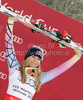 Winner Lindsey Vonn of USA celebrates overall Super-G World cup victory after last Women Super-G race of Audi FIS alpine skiing World Cup, which was held on Kandahar course in Garmisch-Partenkirchen, Germany. Last super-g race of Women Audi FIS Alpine skiing World Cup 2009-10, was held on Friday, 12th of March 2010 in Garmisch-Partenkirchen, Germany.
