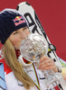 Winner Lindsey Vonn of USA celebrates overall Super-G World cup victory after last Women Super-G race of Audi FIS alpine skiing World Cup, which was held on Kandahar course in Garmisch-Partenkirchen, Germany. Last super-g race of Women Audi FIS Alpine skiing World Cup 2009-10, was held on Friday, 12th of March 2010 in Garmisch-Partenkirchen, Germany.

