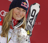 Winner Lindsey Vonn of USA celebrates overall Super-G World cup victory after last Women Super-G race of Audi FIS alpine skiing World Cup, which was held on Kandahar course in Garmisch-Partenkirchen, Germany. Last super-g race of Women Audi FIS Alpine skiing World Cup 2009-10, was held on Friday, 12th of March 2010 in Garmisch-Partenkirchen, Germany.
