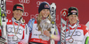 Winner Lindsey Vonn of USA (M), second placed Elisabeth Goergl of Austria (L) and third placed Nadia Styger of Switzerland (R) celebrate overall Super-G World cup medals after last Women Super-G race of Audi FIS alpine skiing World Cup, which was held on Kandahar course in Garmisch-Partenkirchen, Germany. Last super-g race of Women Audi FIS Alpine skiing World Cup 2009-10, was held on Friday, 12th of March 2010 in Garmisch-Partenkirchen, Germany.

