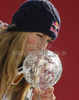 Winner Lindsey Vonn of USA celebrates overall Super-G World cup victory after last Women Super-G race of Audi FIS alpine skiing World Cup, which was held on Kandahar course in Garmisch-Partenkirchen, Germany. Last super-g race of Women Audi FIS Alpine skiing World Cup 2009-10, was held on Friday, 12th of March 2010 in Garmisch-Partenkirchen, Germany.
