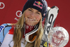 Winner Lindsey Vonn of USA celebrates overall Super-G World cup victory after last Women Super-G race of Audi FIS alpine skiing World Cup, which was held on Kandahar course in Garmisch-Partenkirchen, Germany. Last super-g race of Women Audi FIS Alpine skiing World Cup 2009-10, was held on Friday, 12th of March 2010 in Garmisch-Partenkirchen, Germany.
