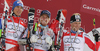 Winner Ted Ligety of USA (M), second placed Carlo Janka of Switzerland (L) and third placed Benjamin Raich of Austria (R) celebrate overall Giant slalom World cup medals after last Men giant slalom race of Audi FIS alpine skiing World Cup, which was held on Kandahar course in Garmisch-Partenkirchen, Germany. Last giant slalom race of Men Audi FIS Alpine skiing World Cup 2009-10, was held on Friday, 12th of March 2010 in Garmisch-Partenkirchen, Germany.
