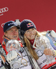 Women super-g overall World cup winner Lindsey Vonn of USA (R) and men giant slalom overall World cup winner Ted Ligety of USA (L) celebrate overall Giant slalom and Super-G World cup victories after last races of Audi FIS alpine skiing World Cup, which were held on Kandahar course in Garmisch-Partenkirchen, Germany. Last races of Men and Women Audi FIS Alpine skiing World Cup 2009-10, were held on Friday, 12th of March 2010 in Garmisch-Partenkirchen, Germany.
