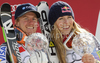 Women super-g overall World cup winner Lindsey Vonn of USA (R) and men giant slalom overall World cup winner Ted Ligety of USA (L) celebrate overall Giant slalom and Super-G World cup victories after last races of Audi FIS alpine skiing World Cup, which were held on Kandahar course in Garmisch-Partenkirchen, Germany. Last races of Men and Women Audi FIS Alpine skiing World Cup 2009-10, were held on Friday, 12th of March 2010 in Garmisch-Partenkirchen, Germany.
