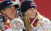 Women super-g overall World cup winner Lindsey Vonn of USA (R) and men giant slalom overall World cup winner Ted Ligety of USA (L) celebrate overall Giant slalom and Super-G World cup victories after last races of Audi FIS alpine skiing World Cup, which were held on Kandahar course in Garmisch-Partenkirchen, Germany. Last races of Men and Women Audi FIS Alpine skiing World Cup 2009-10, were held on Friday, 12th of March 2010 in Garmisch-Partenkirchen, Germany.
