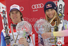 Winners Lindsey Vonn of USA (R) and Carlo Janka of Switzerland (L) celebrates overall Audi FIS Alpine skiing World cup victory after last race of Audi FIS alpine skiing World Cup, which was held in Garmisch-Partenkirchen, Germany. Last slalom race of Audi FIS Alpine skiing World Cup 2009-10, was held on Saturday, 13th of March 2010 in Garmisch-Partenkirchen, Germany.
