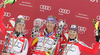 Winner Maria Riesch of Germany (M), second placed Kathrin Zettel of Austria (L) and third placed Marlies Schild of Austria (R) celebrate overall slalom World cup medals after last Women slalom race of Audi FIS alpine skiing World Cup, which was held on Gudiberg course in Garmisch-Partenkirchen, Germany. Last slalom race of Women Audi FIS Alpine skiing World Cup 2009-10, was held on Saturday, 13th of March 2010 in Garmisch-Partenkirchen, Germany.
