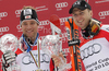 Winner of overall slalom World cup Reinfried Herbst of Austria (R) and winner of super combined World cup Benjamin Raich of Austria (L) celebrates their victories victory after last Men slalom race of Audi FIS alpine skiing World Cup, which was held on Gudiberg course in Garmisch-Partenkirchen, Germany. Last slalom race of Men Audi FIS Alpine skiing World Cup 2009-10, was held on Saturday, 13th of March 2010 in Garmisch-Partenkirchen, Germany.
