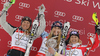 Winner Lindsey Vonn of USA (L), second placed Anja Paerson of Sweden (L) and third placed Michaela Kirchgasser of Austria (R) celebrate overall super combined World cup medals after last Women slalom race of Audi FIS alpine skiing World Cup, which was held on Gudiberg course in Garmisch-Partenkirchen, Germany. Last slalom race of Women Audi FIS Alpine skiing World Cup 2009-10, was held on Saturday, 13th of March 2010 in Garmisch-Partenkirchen, Germany.
