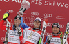 Winner Carlo Janka of Switzerland (M), second placed Benjamin Raich of Austria (L) and third placed Didier Cuche of Switzerland (R)celebrate overall Audi FIS Alpine skiing World cup medals after last race of Audi FIS alpine skiing World Cup, which was held in Garmisch-Partenkirchen, Germany. Last slalom race of Audi FIS Alpine skiing World Cup 2009-10, was held on Saturday, 13th of March 2010 in Garmisch-Partenkirchen, Germany.
