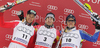 Winner Felix Neureuther of Germany (M), second placed Manfred Pranger of Austria (L) and third placed Andre Myhrer of Sweden (R) celebrates their medals won in last Men slalom race of Audi FIS alpine skiing World Cup, which was held on Gudiberg course in Garmisch-Partenkirchen, Germany. Last slalom race of Men Audi FIS Alpine skiing World Cup 2009-10, was held on Saturday, 13th of March 2010 in Garmisch-Partenkirchen, Germany.
