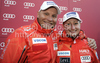 Kalle Palander (L) and Tanja Poutiainen (R) during Audi Media talk event in Soelden, Austria. Audi Media talk event was held on Thursday, 21st of October 2010 in Soelden, Austria, before start of Audi FIS Alpine skiing World cup 2010-2011, which will start with women giant slalom race on Saturday, 23rd of October 2010, and will be followed by men giant slalom race day later on Rettenbach glacier above Soelden, Austria.
