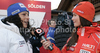 Sanni Leinonen of Finland (R) interviewing Federica Brignone of Italy (L) during Audi Media talk event in Soelden, Austria. Audi Media talk event was held on Thursday, 21st of October 2010 in Soelden, Austria, before start of Audi FIS Alpine skiing World cup 2010-2011, which will start with women giant slalom race on Saturday, 23rd of October 2010, and will be followed by men giant slalom race day later on Rettenbach glacier above Soelden, Austria.
