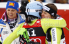 Winner Viktoria Rebensburg of Germany (R) accepts congratulations from second placed Kathrin Hoelzl of Germany (L) in finish of second run of Women giant slalom race of Audi FIS alpine skiing World Cup in Soelden, Austria. First giant slalom race of Women Audi FIS Alpine skiing World Cup 2010-11, was held on Saturday, 23rd of October 2010, on Rettenbach glacier above Soelden, Austria.
