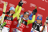 Winner Viktoria Rebensburg of Germany (M), second placed Kathrin Hoelzl of Germany (L) and third placed Manuela Moelgg of Italy (R) celebrate their medals won in Women giant slalom race of Audi FIS alpine skiing World Cup in Soelden, Austria. First giant slalom race of Women Audi FIS Alpine skiing World Cup 2010-11, was held on Saturday, 23rd of October 2010, on Rettenbach glacier above Soelden, Austria.
