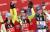 Winner Viktoria Rebensburg of Germany (M), second placed Kathrin Hoelzl of Germany (L) and third placed Manuela Moelgg of Italy (R) celebrate their medals won in Women giant slalom race of Audi FIS alpine skiing World Cup in Soelden, Austria. First giant slalom race of Women Audi FIS Alpine skiing World Cup 2010-11, was held on Saturday, 23rd of October 2010, on Rettenbach glacier above Soelden, Austria.
