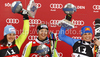 Winner Viktoria Rebensburg of Germany (M), second placed Kathrin Hoelzl of Germany (L) and third placed Manuela Moelgg of Italy (R) celebrate their medals won in Women giant slalom race of Audi FIS alpine skiing World Cup in Soelden, Austria. First giant slalom race of Women Audi FIS Alpine skiing World Cup 2010-11, was held on Saturday, 23rd of October 2010, on Rettenbach glacier above Soelden, Austria.
