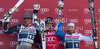 Second placed SVINDAL Aksel Lund of Norway (L), winner LIGETY Ted of USA (M) and BLARDONE Massimiliano of Italy (R) during the prize giving ceremony for the FIS alpine skiing world cup giant slalom race on the Bellevarde race piste Val dIsere.
