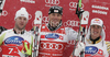 Winner Michael Walchhofer of Austria (M), second placed Stephan Keppler of Germany (L) and third placed Erik Guay of Canada (R) celebrate their medals won in Men Super-G race of Audi FIS alpine skiing World Cup in Val Gardena, Italy. Super-G race of Men Audi FIS Alpine skiing World Cup 2010-11, was held on Friday, 17th of December 2010, on Saslong course in Val Gardena, Italy.
