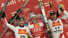 Winner Silvan Zurbriggen of Switzerland (M), second placed Romed Baumann of Austria (L) and third placed Didier Cuche of Switzerland (R) celebrate their medals won in Men downhill race of Audi FIS alpine skiing World Cup in Val Gardena, Italy. Downhill race of Men Audi FIS Alpine skiing World Cup 2010-11, was held on Saturday, 18th of December 2010, on Saslong course in Val Gardena, Italy.
