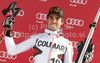 Third placed Thomas Fanara of France celebrates his medal won in Men giant slalom race of Audi FIS alpine skiing World Cup in Alta Badia, Italy. Giant slalom race of Men Audi FIS Alpine skiing World Cup 2010-11, was held on Sunday, 20th of December 2010, on Gran Risa course in Alta Badia, Italy.
