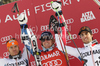 Winner Ted Ligety of USA (M), second placed Cyprien Richard of France (L) and his third placed teammate Thomas Fanara of France (R) celebrate their medals won in Men giant slalom race of Audi FIS alpine skiing World Cup in Alta Badia, Italy. Giant slalom race of Men Audi FIS Alpine skiing World Cup 2010-11, was held on Sunday, 20th of December 2010, on Gran Risa course in Alta Badia, Italy.

