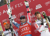 Winner Ted Ligety of USA (M), second placed Cyprien Richard of France (L) and his third placed teammate Thomas Fanara of France (R) celebrate their medals won in Men giant slalom race of Audi FIS alpine skiing World Cup in Alta Badia, Italy. Giant slalom race of Men Audi FIS Alpine skiing World Cup 2010-11, was held on Sunday, 20th of December 2010, on Gran Risa course in Alta Badia, Italy.
