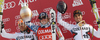 Winner Ted Ligety of USA (M), second placed Cyprien Richard of France (L) and his third placed teammate Thomas Fanara of France (R) celebrate their medals won in Men giant slalom race of Audi FIS alpine skiing World Cup in Alta Badia, Italy. Giant slalom race of Men Audi FIS Alpine skiing World Cup 2010-11, was held on Sunday, 20th of December 2010, on Gran Risa course in Alta Badia, Italy.
