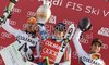 Winner Ted Ligety of USA (M), second placed Cyprien Richard of France (L) and his third placed teammate Thomas Fanara of France (R) celebrate their medals won in Men giant slalom race of Audi FIS alpine skiing World Cup in Alta Badia, Italy. Giant slalom race of Men Audi FIS Alpine skiing World Cup 2010-11, was held on Sunday, 20th of December 2010, on Gran Risa course in Alta Badia, Italy.
