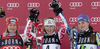 Tina Maze (SLO) 3rd place, Tanja Poutiainen (FIN) 2nd place and Marlies Schild (AUT) winner at the presentation ceremony of the FIS Alpine skiing World Cup ladies slalom race in Courchevel 1850, France.
