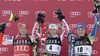 Tina Maze (SLO) 3rd place, Tanja Poutiainen (FIN) 2nd place and Marlies Schild (AUT) winner at the presentation ceremony of the FIS Alpine skiing World Cup ladies slalom race in Courchevel 1850, France.

