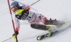 Sanni Leinonen (FIN) attacks a control gate whilst competing in the FIS Alpine skiing World Cup ladies slalom race in Courchevel 1850, France.

