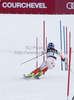 Tanja Poutiainen (FIN) attacks a control gate whilst competing in the FIS Alpine skiing World Cup ladies slalom race in Courchevel 1850, France.
