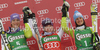 Winner Tessa Worley of France (M), second placed Maria Riesch of Germany (L) and third placed Kathrin Hoelzl of Germany (R) celebrate their medals won in Women giant slalom race of Audi FIS alpine skiing World Cup in Semmering, Austria. Giant slalom race of Women Audi FIS Alpine skiing World Cup 2010-11, was held on Tuesday, 28th of December 2010, in Semmering, Austria.
